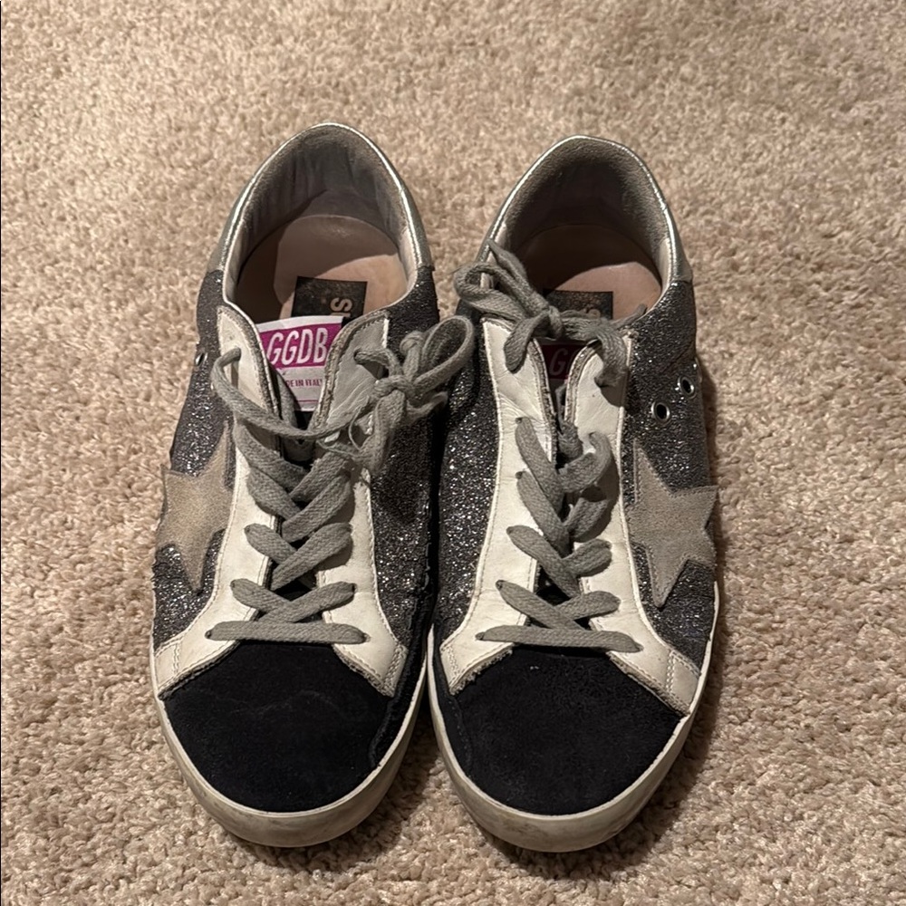 Golden Goose Black and Gray Glitter Distressed Sneakers